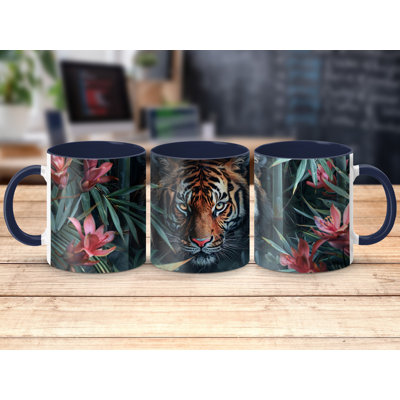 Realistic Animal Design 11oz Accent Mugs – Ceramic Coffee Cup with a Navy Handle and Interior