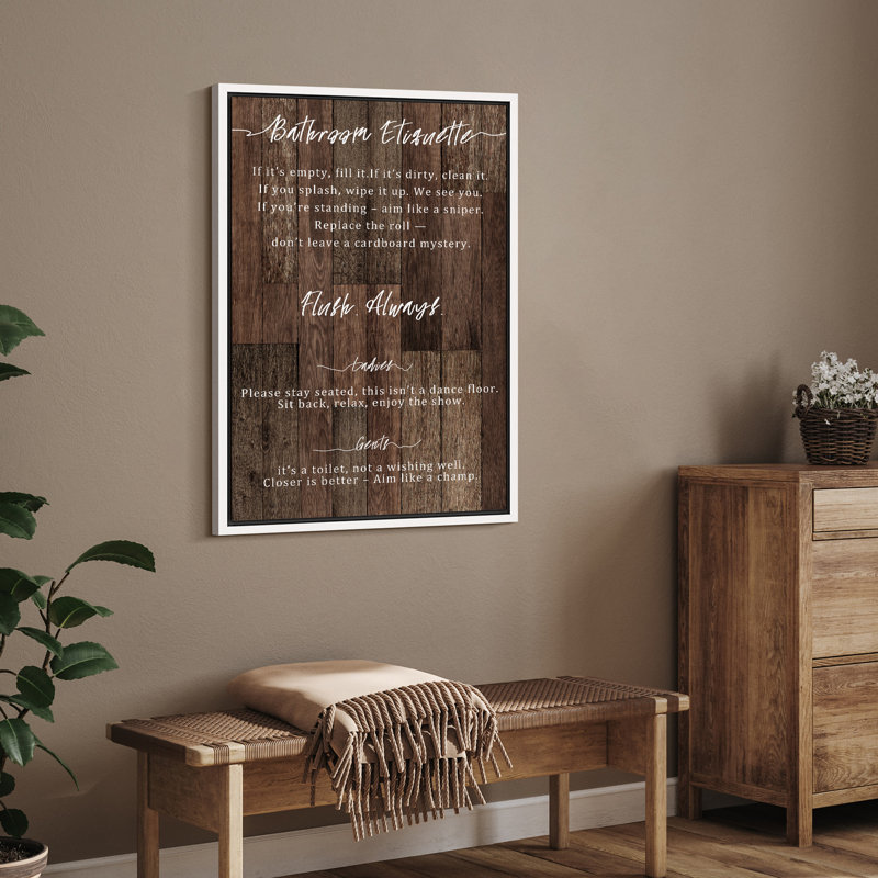 Étiquette de salle de bain sur bois rustique, impression sur toile encadrée, typographie amusante, H 24 po x l 16 po, Blanc