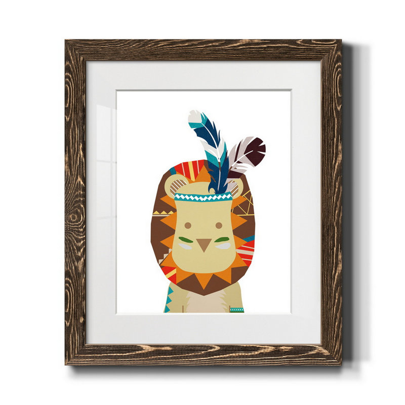 Boho lion - impression d'art graphique, H 24 po x l 18 po x P 1,5 po, Papier, cadre noyer, Blanc