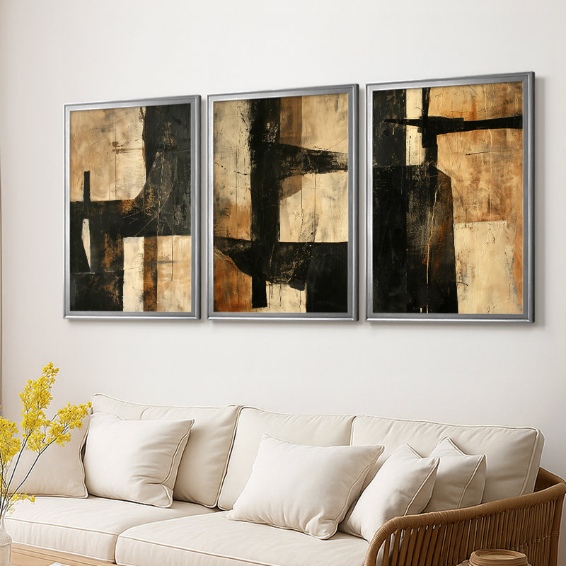 ABSTRACT Series CECLV - Toile tendue avec châssis sur mesure - 3 pièces, H 19 po x l 27 po, Argent argent