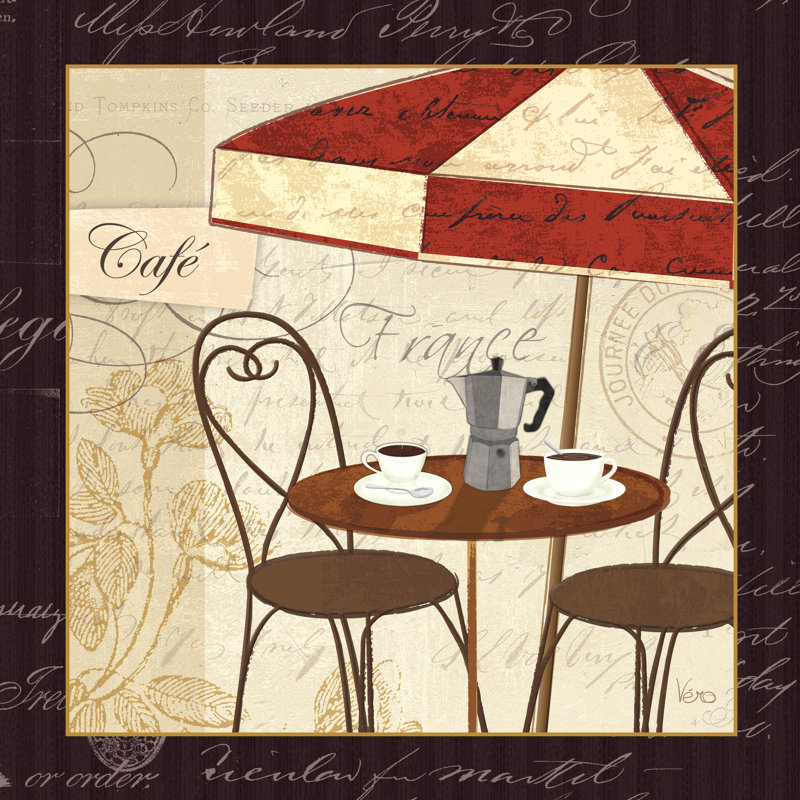 Petit café I avec bordure sur toile par Véronique Charron, H 12 po x l 12 po