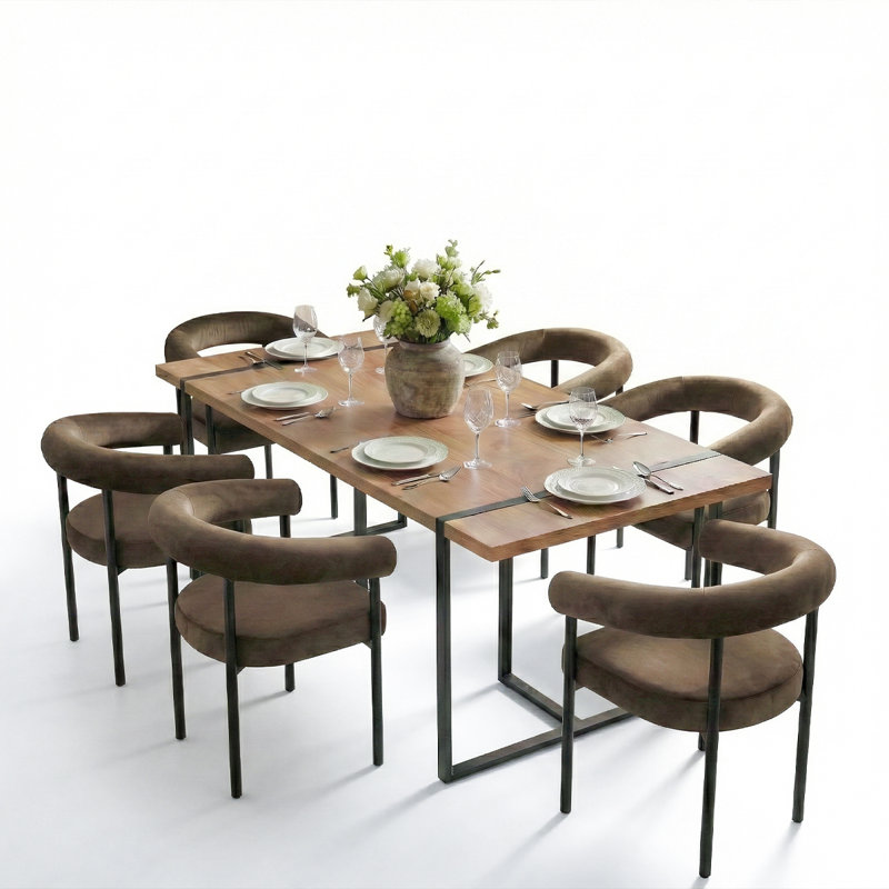 7-Piece Rectangular Dining Table Set With Velvet Upholstered Arm Chairs, Mink