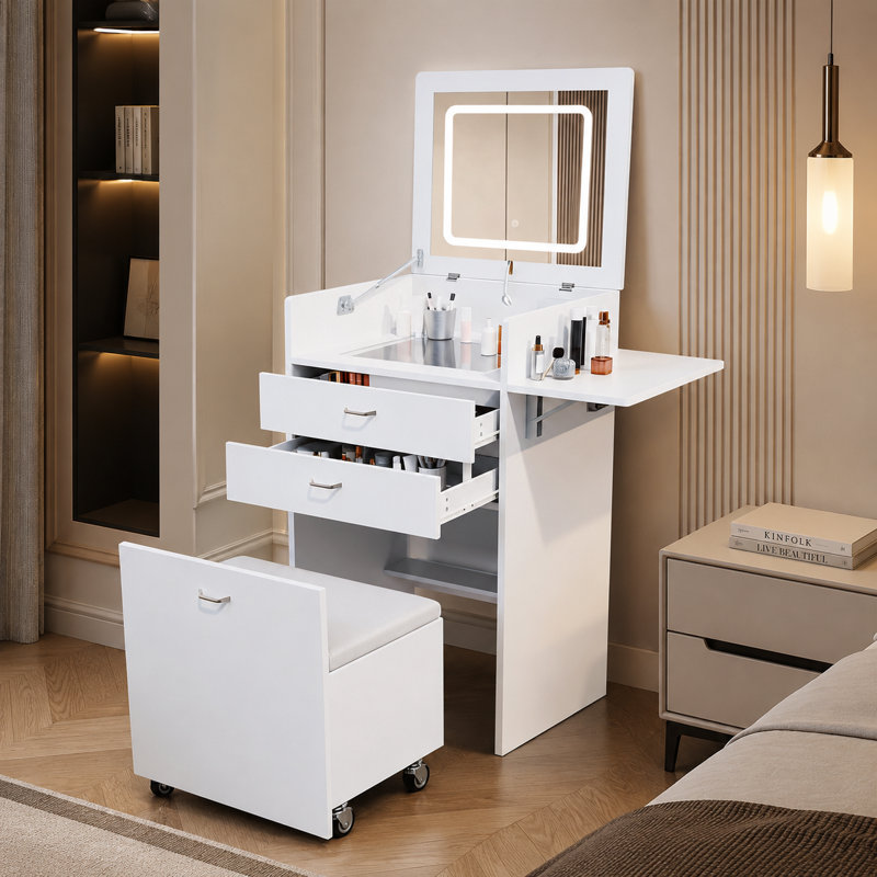 Multifunctional Vanity Desk with LED Lighted Mirror & Rolling Storage Stool, 3-in-1 Convertible Dressing Table/Nightstand/Office Desk for Bedroom