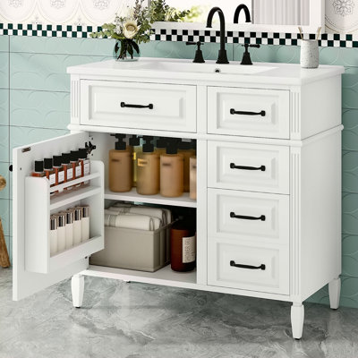 36-Inch Bathroom Vanity With Ceramic Sink Top, Solid Wood Frame And MDF Cabinet, Flip Drawer Design With Adjustable Shelf And Metal Handles, Freestanding Bathroom Storage Cabinet (Faucet Not Included)