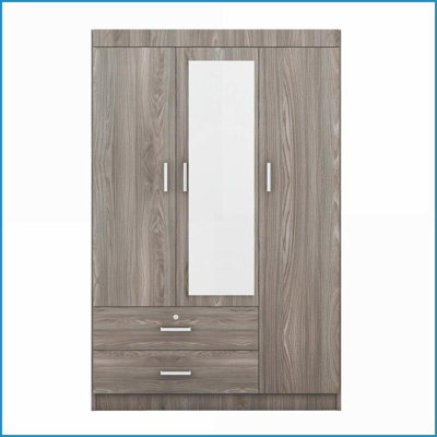 Wardrobes | 3-Door with Built-In Mirror &amp; Shelves | Grey | MDF