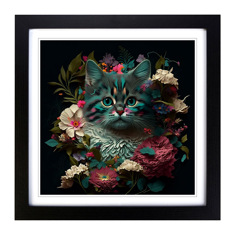 Cat Floral Art - Framed Print, Black