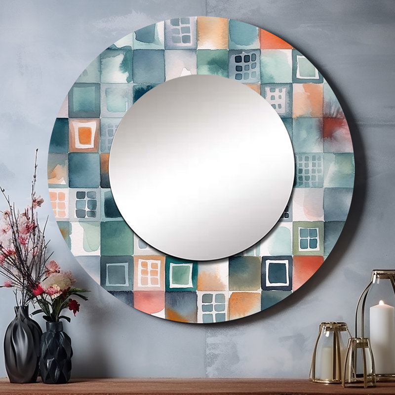 Peris - carte abstraite bleue de formes II - miroir mural géométrique unique, miroir rond bleu, impression d'art en métal