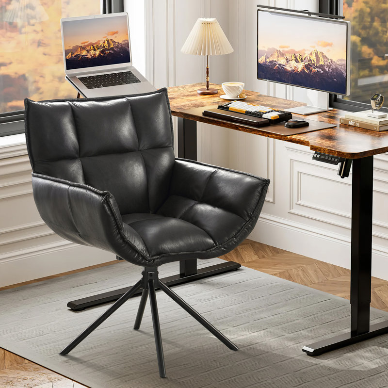 Modern Faux Leather Swivel Accent Chair with 360° Rotation, Ergonomic Armrests & Slanted Backrest, Upholstered Desk Chair with Heavy-Duty Metal Base for Living Room, Bedroom, Office