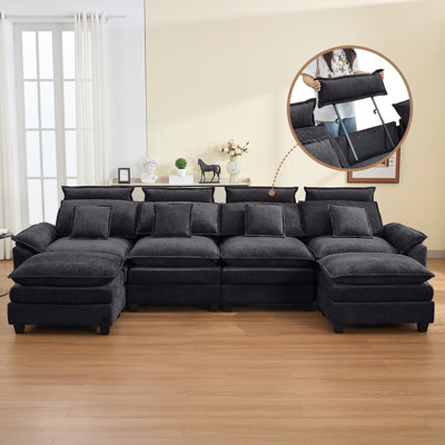 134" W Oversized L-Shaped Cloud Sectional with 2 Ottoman & Headrest    