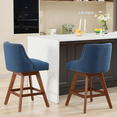 Siège de 26 po de hauteur pivotant sur 2, revêtement bleu, rotatif à 360 degrés pour la salle à manger, rembourrage intérieur en mousse souple et ressort en acier, support incurvé, style américain, bois d'hévéa, revêtu de tissu.