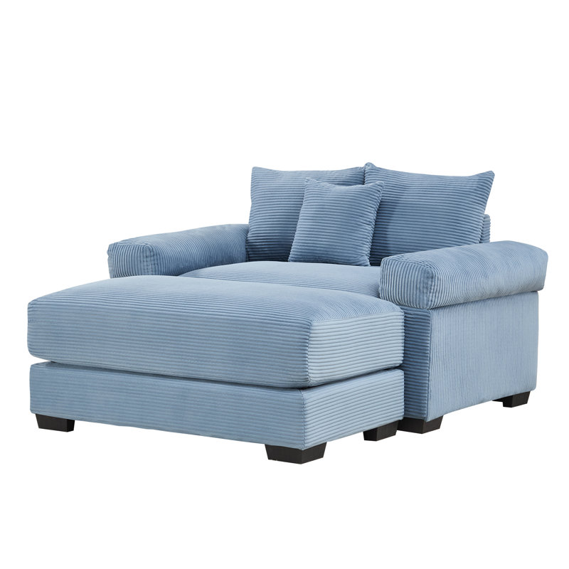 Flyn 54.3" Corduroy Upholstered Accent Chair with Ottomans & Pillow, Blue