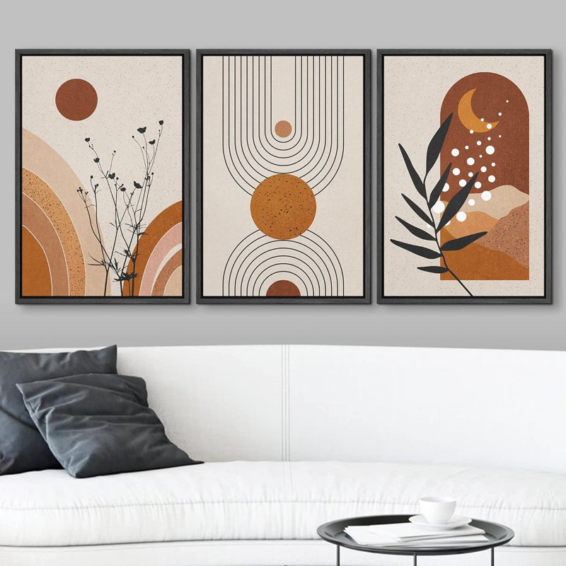 «Boho Mid-Century géométrique, plante, planètes, illustrations abstraites, art moderne, décor bohémien», 3 pièces