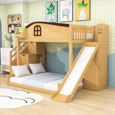 Twin over Full Wooden Bunk Bed with Wardrobe, Slide and Shelves