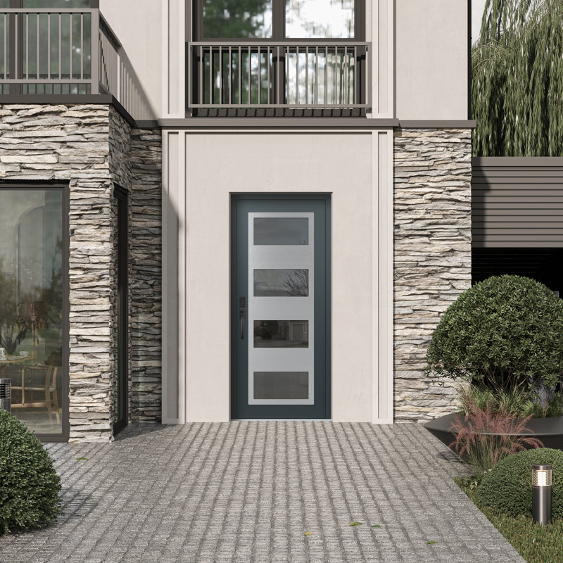 C2 Panel Silver Steel Anthracite/Anthracite Prehung Front Entry Door, Mirrored, Right