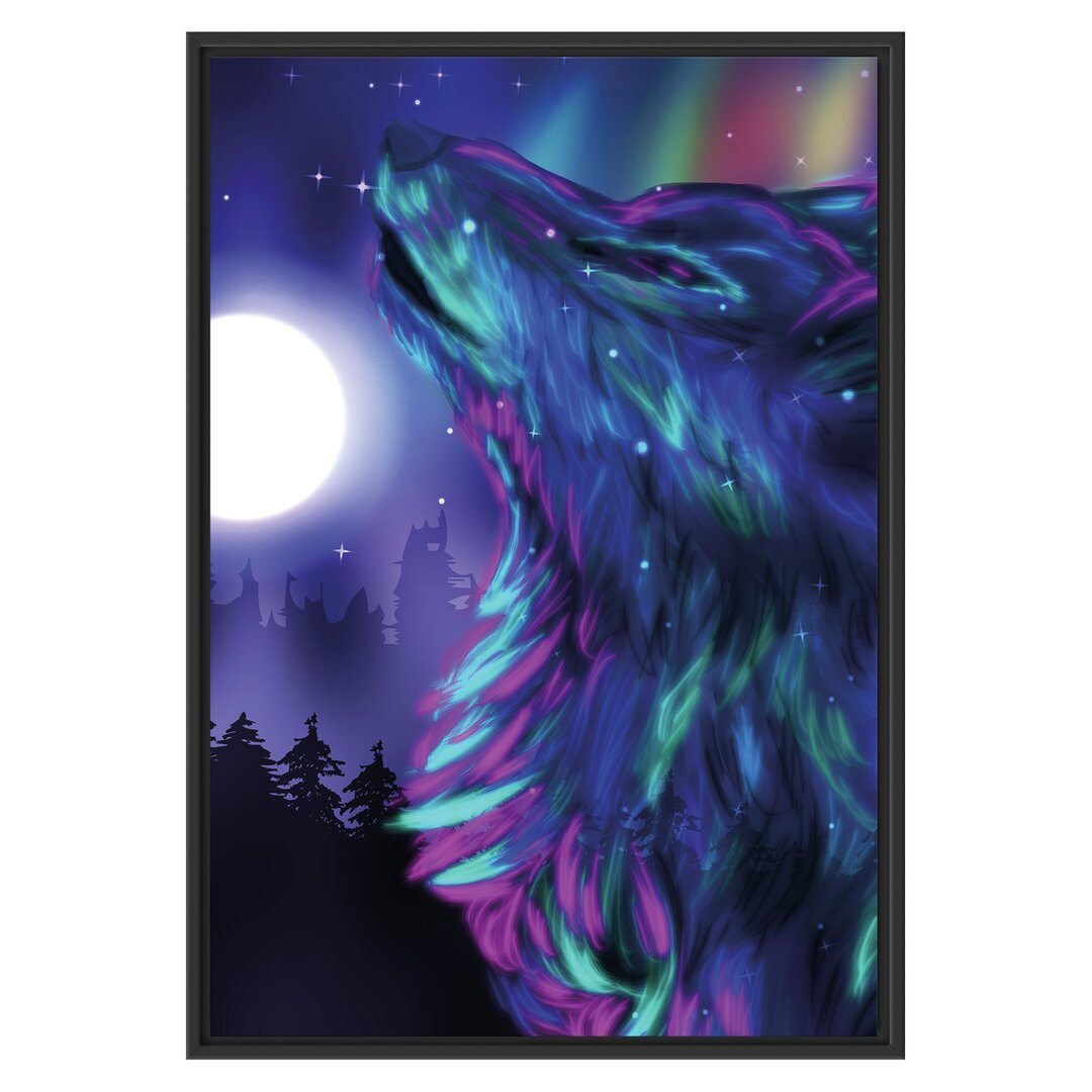 Gerahmtes Wandbild Abstrakter Wolf mit Mond