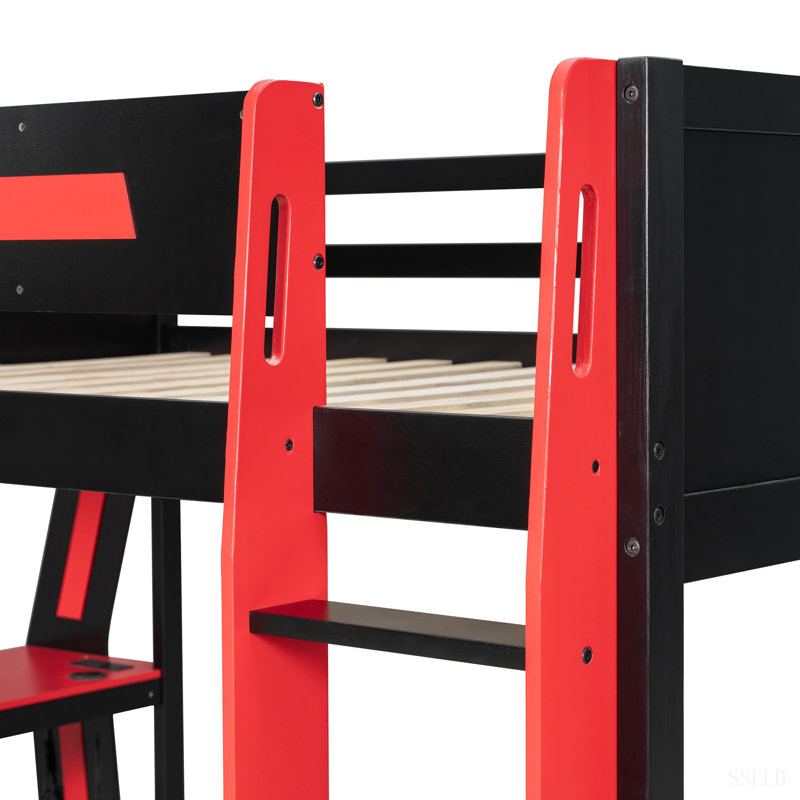 Lit superposé double pleine grandeur avec bureau RVB surdimensionné monté sur le côté, ports de charge USB et œillet à câble, bande lumineuse à DEL, structure de loft Esports robuste