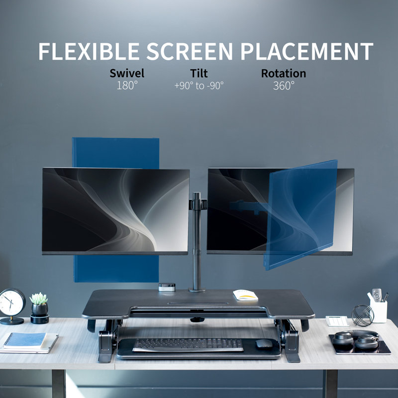 Black Adjustable Standing Desk Converter with Dual Monitor Mount
