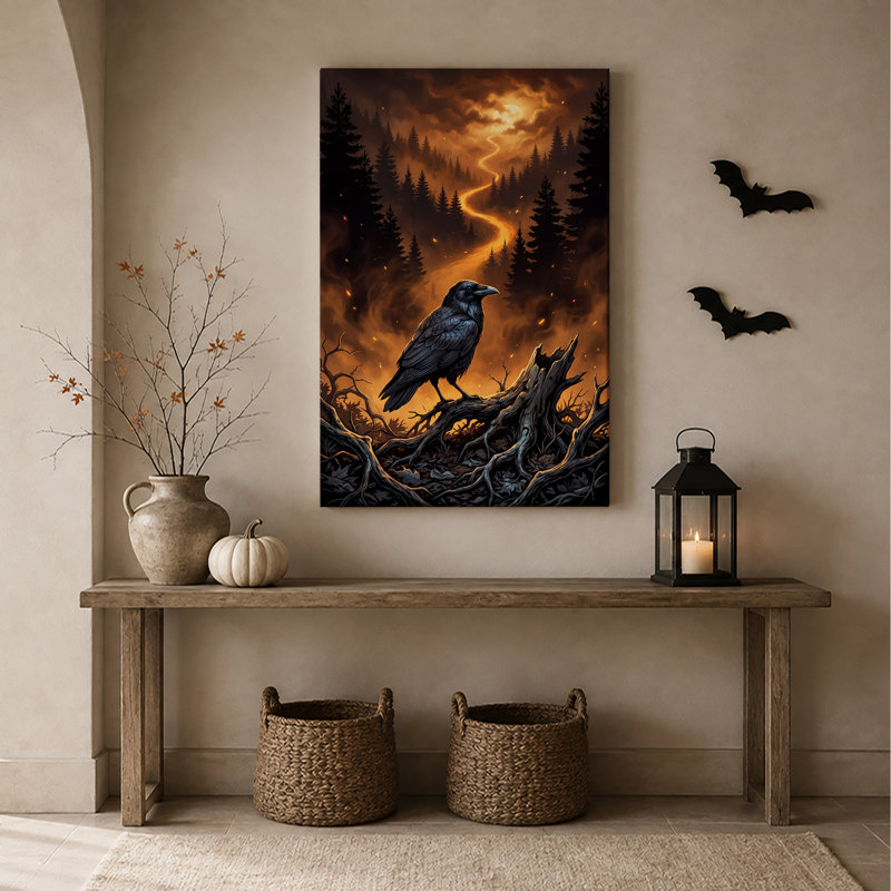 Corbeau noir sur racines noueuses, toile murale orange fluorescente pour l'Halloween, H 36 po x l 24 po