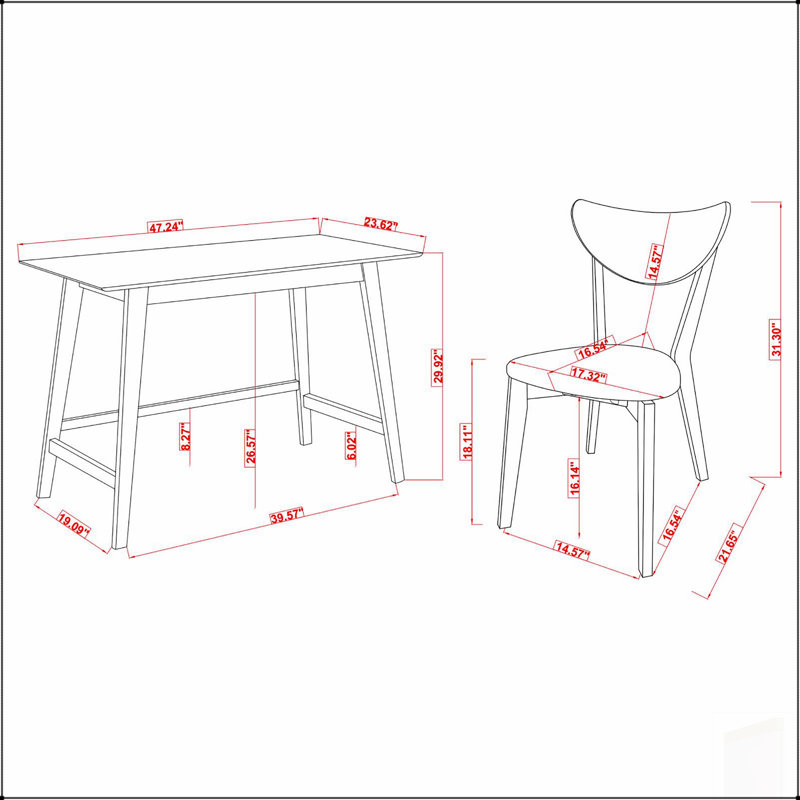 Ensemble de bureau d'écriture 2 pièces en bois de noyer et chaise rembourrée gris foncé, parfait pour les bureaux à domicile de style Mid-Century moderne.