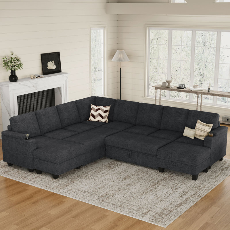 Januelle Oversized 119.9'' Long Sofa Bed Chenille Storage Sectional Sofa With Ottoman, Beige Chenille