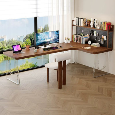 Walnut Right L-Shape Solid Wood with Acrylic Slab Legs & Pegboard Shelf Desk