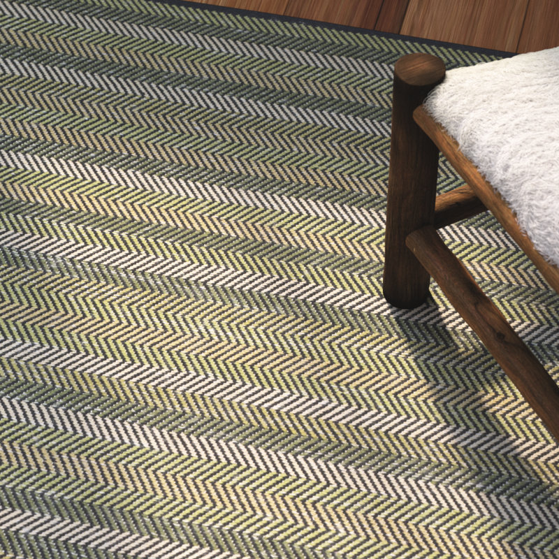 Tapis rayé vert en coton tissé à plat à la main Chiginagak, Rectangle 4 pi x 6 pi