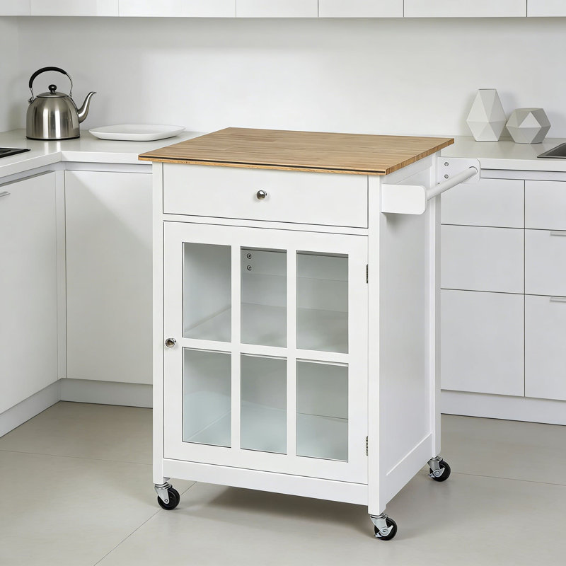 Chariot pour îlot de cuisine avec tiroir et porte vitrée, tablette réglable, porte-serviettes et 4 roulettes pour un rangement et une mobilité flexibles