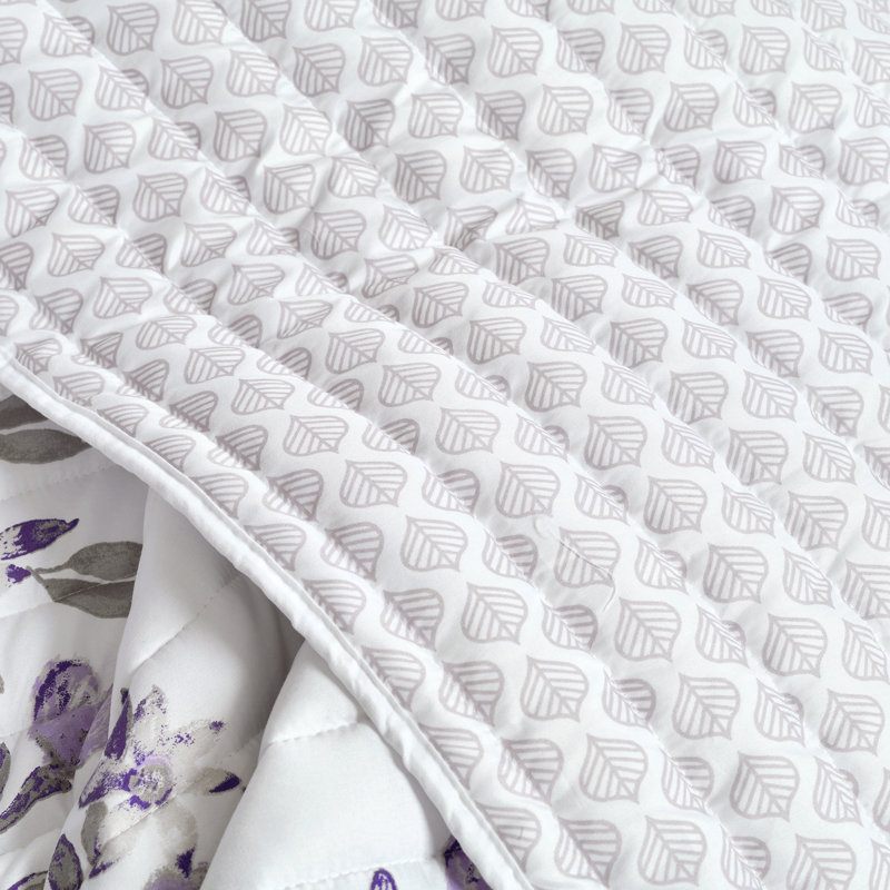 Gray and Purple Floral Reversible Microfiber Full Quilt Set