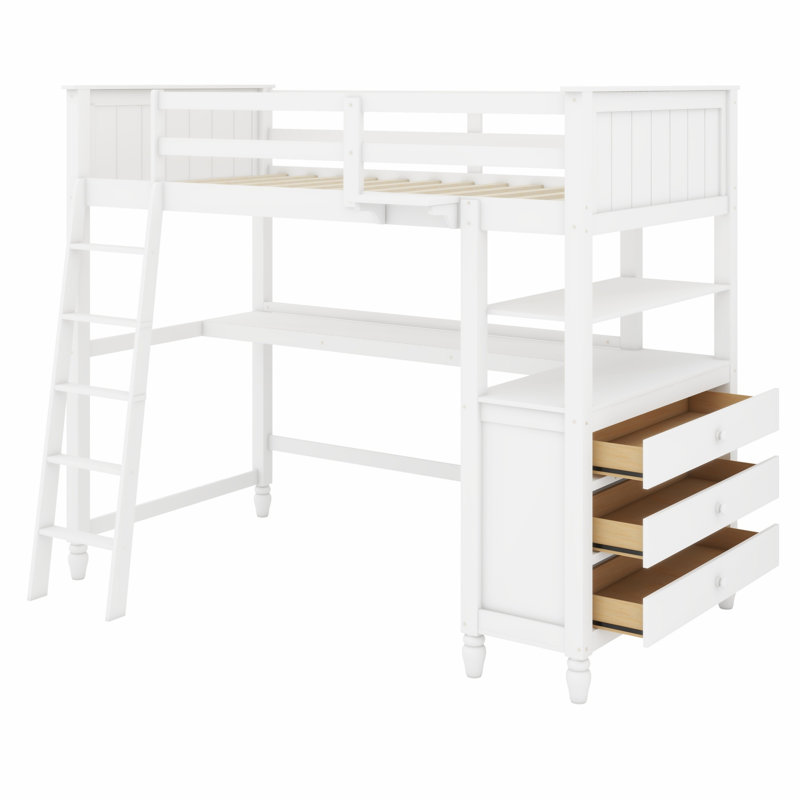 Lit mezzanine en bois avec bureau, tiroirs et tablettes de rangement, Blanc