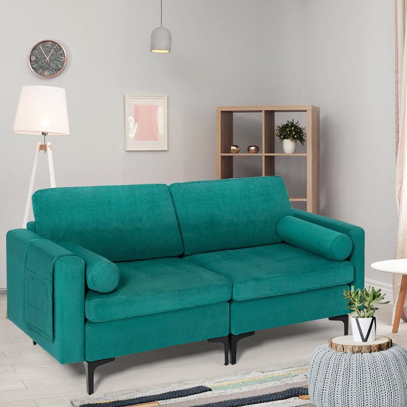 Causeuse à accoudoirs carrés 68 po Rabeea, Microsuède bleu sarcelle