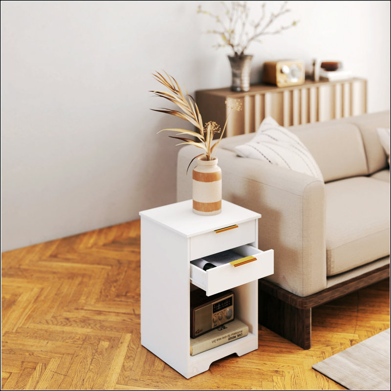 Table de chevet blanche moderne avec 2 tiroirs et espace ouvert, poignées dorées, facile à assembler pour la chambre à coucher et le salon