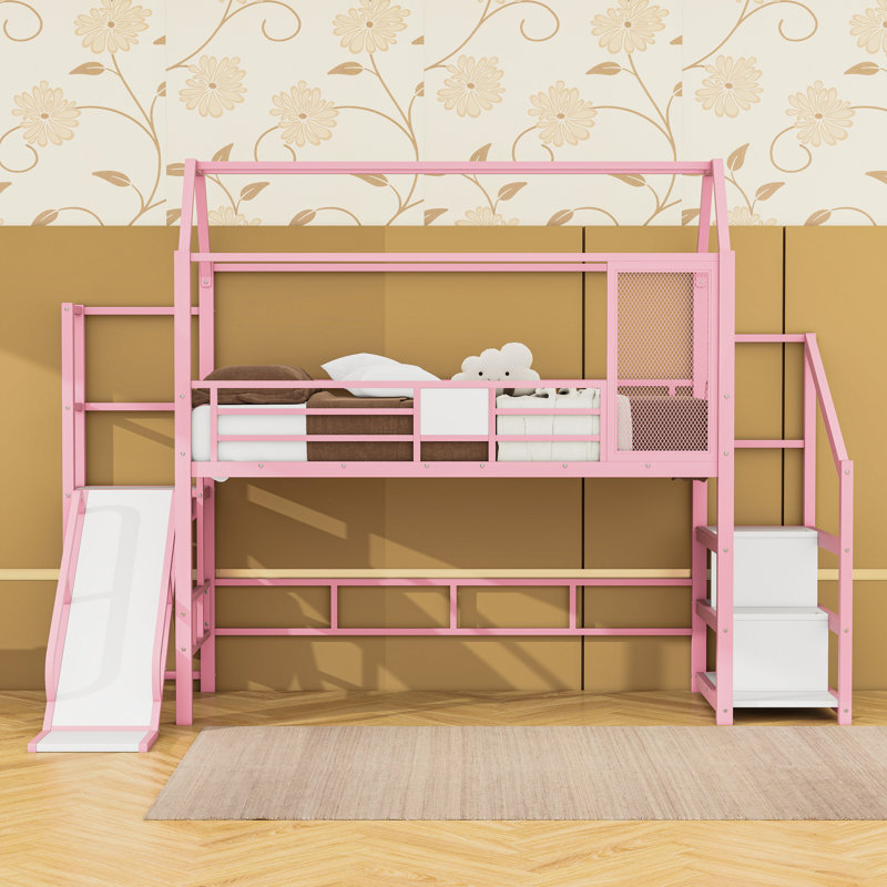 Metal House-Shaped Loft Bed With Stairs And Slide, Twin, Pink