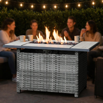 Outdoor Wicker Fire Pit Table, Weather Resistant Patio Fire Pit Side Table for Backyard Entertaining