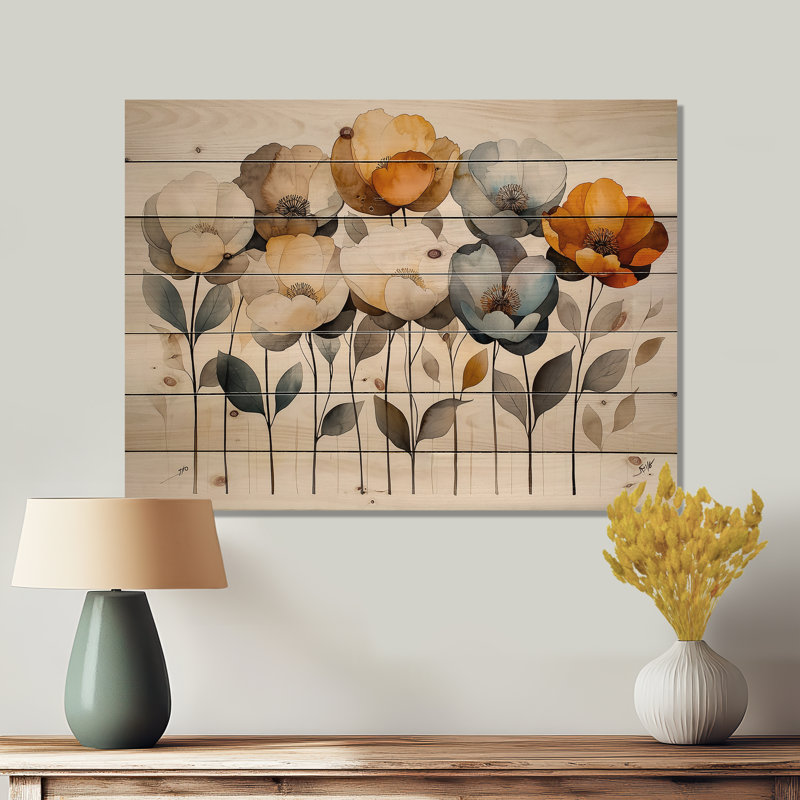 Autumn Harmony Peonies Flowers Bouquet I - Peonies Wood Wall Art - On Natural Pine Wood, 34" H x 44" W x 0.78" D