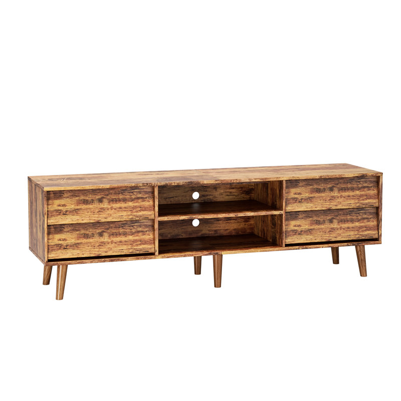 Meuble télé de 63 po de style rétro, conception biseautée, tablettes spacieuses, pieds en bois massif et usés pour la chambre à coucher