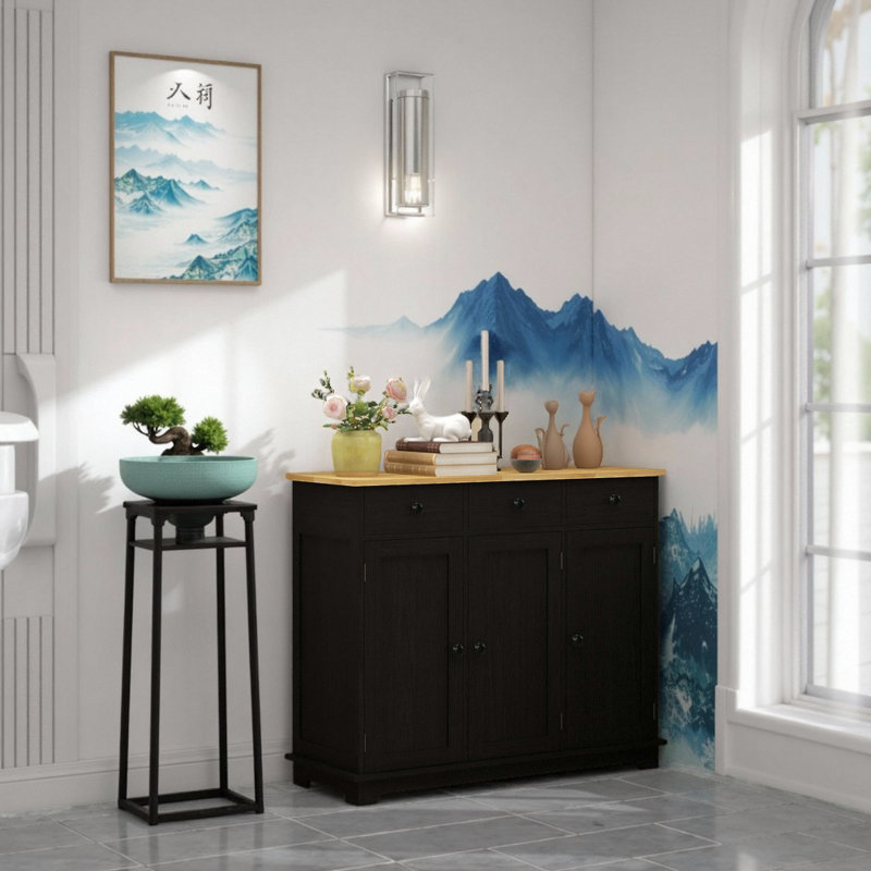 40" Distressed Black Sideboard – Rustic Coffee Bar & Storage Cabinet, Black