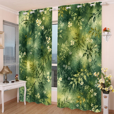 2Pcs Lush Green Botanical Print Grommet Blackout Curtains, Fresh Foliage Pattern, Polyester Window Drapes, Thermal Insulated Heat Blocking, Noise Reducing & Privacy Protection, Room Darkening Stylish Home Decor for Bedroom, Living Room, Kitchen