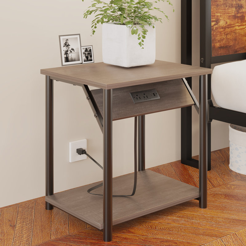 Simple Bedside Table with Open Storage Shelf, Charging Station, Easy to Assembly, Gray