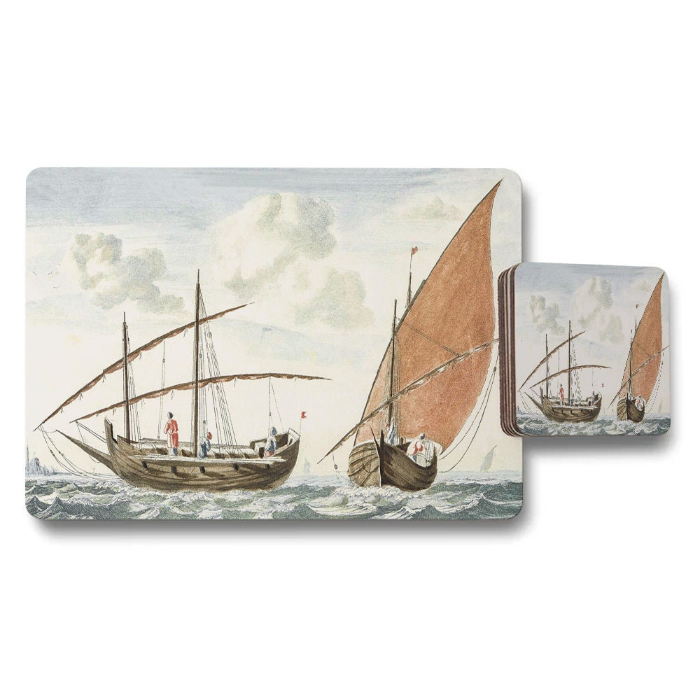 Nautical Sailing Boat Placemat And Coaster Set Vintage Ocean Theme