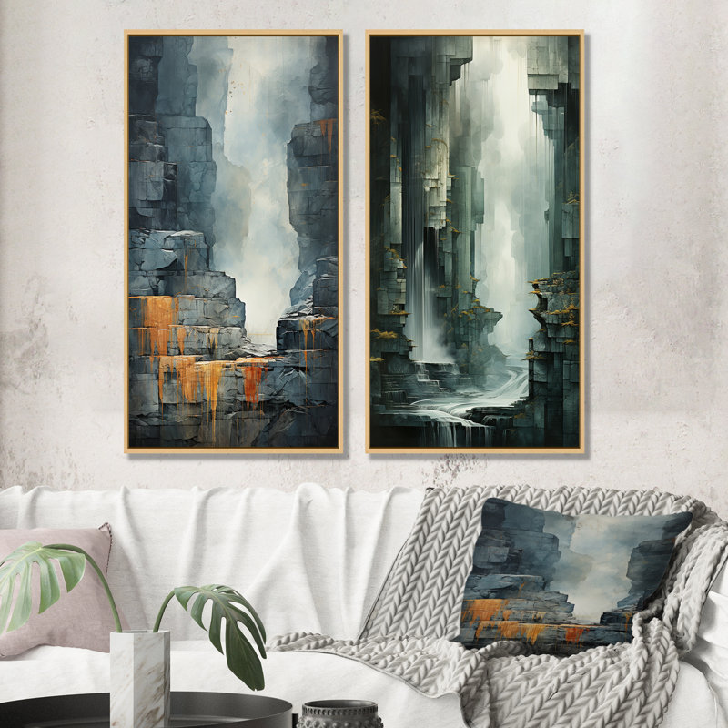 «Waterfall Cliff Adventure - Waterfall», ensemble d'art mural sur toile, H 32 po x l 33 po, Cadre flottant brun