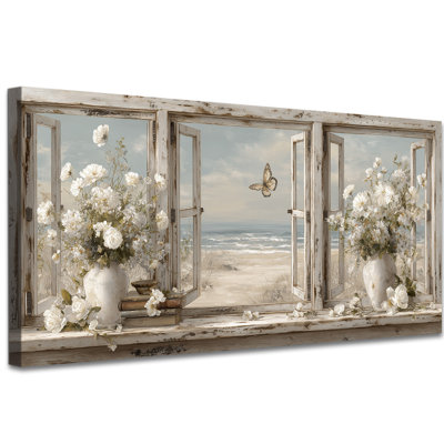 Vintage Coastal Window Canvas Wall Art, 2:1 Panoramic Wrapped Canvas Print with White Flowers, Rustic Wood Frame, Butterfly and Beach View for Bedroom Living Room Decor 20×40 Inch