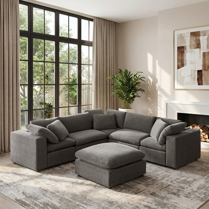 Alberto Modern Cloud Down Filled Oversized Sectional Couches With One Ottoman, Gray Polyester
