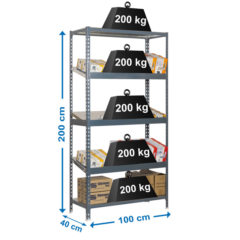 100cm W Steel Height -Adjustable Shelving Unit, 200cm H x 100cm W x 40cm D, Grey