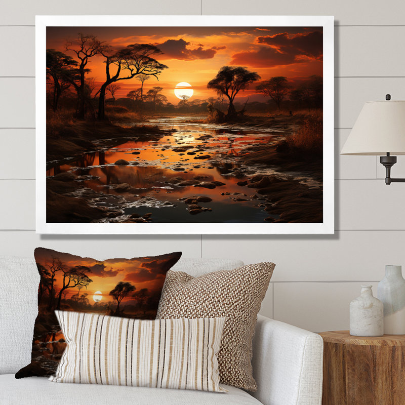 «African Sunset Oasis I», reproduction sur toile, H 16 po x l 32 po x P 1 po, Cadre simple blanc