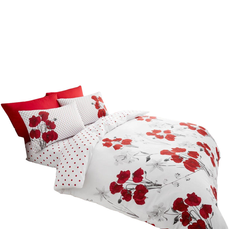 Cotton Blend Floral Duvet Cover with Pillowcases, Red, Kingsize - 2 Standard Pillowcases