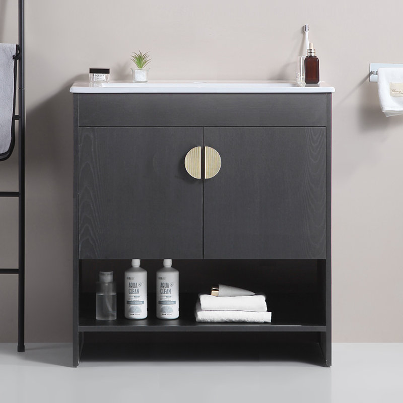 " Black Bathroom Vanity With White Ceramic Basin And Storage