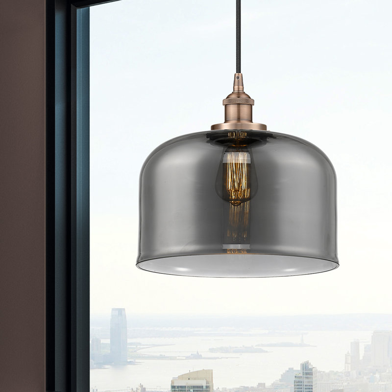 Bell - mini-luminaire suspendu 12 po à 1 lumière - finition cuivre antique - abat-jour fumé clair, gris, Cuivre