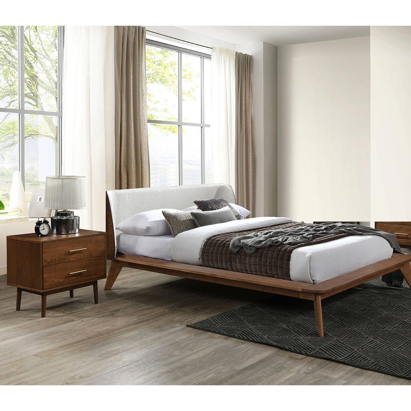 Chambre à coucher de style moderne Mid-Century 3 pièces, grand lit, couleur noyer, matériau bouclé, panneau à oreilles, pieds inclinés effilés, emboîtement de la serrure, système de verrouillage, système prêt pour le matelas, 2 tables de chevet,