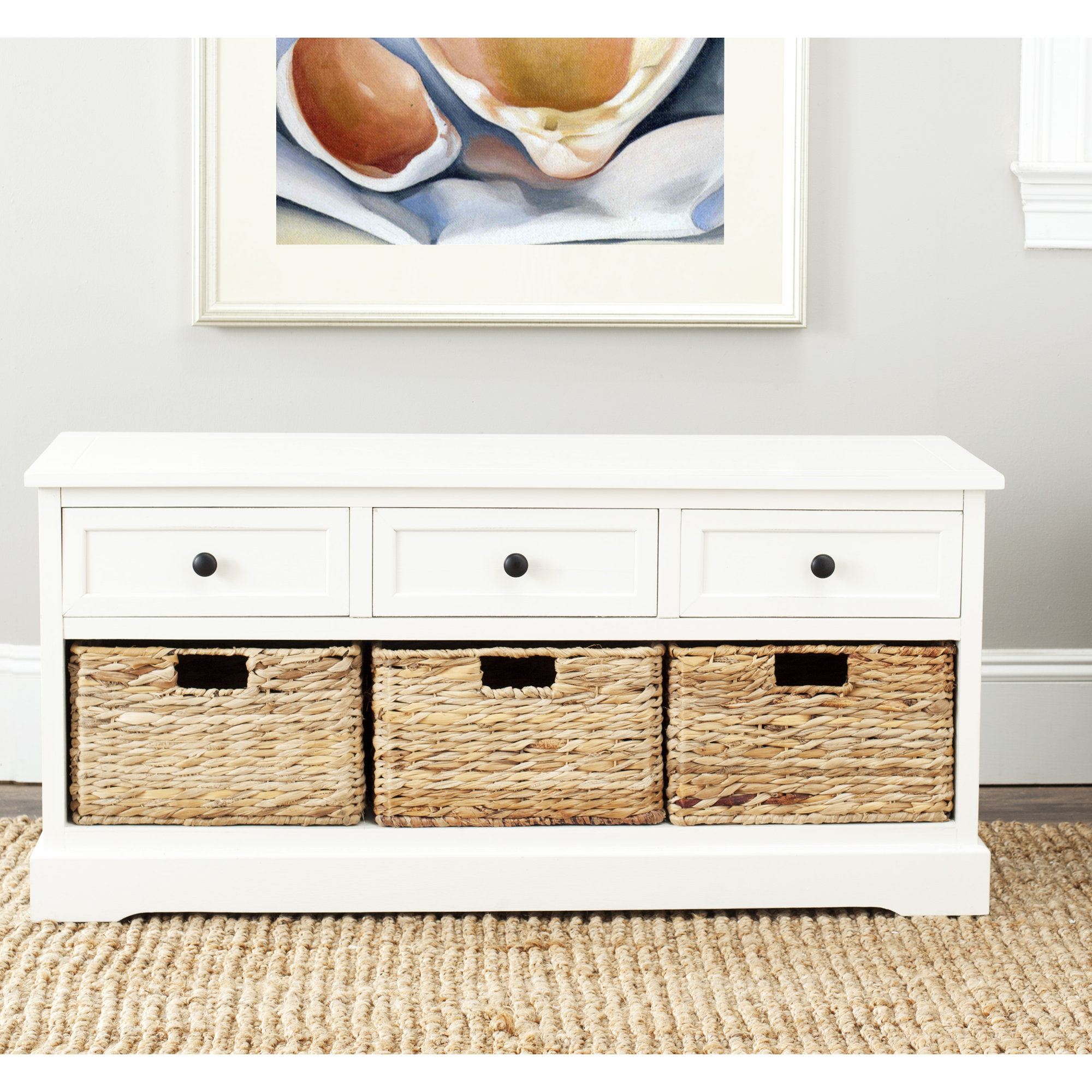 Adayla Solid Wood Drawers Storage Bench, Distressed Cream