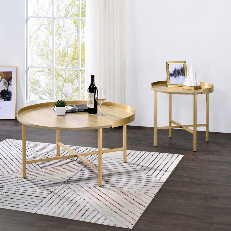 Oak And Gold Round Tray Style Top Coffee Table With Cross Bar Metal Base, 0.75" Thick, 34" Product Depth, Width, 18" Height Thickness, 34 Inches 18
